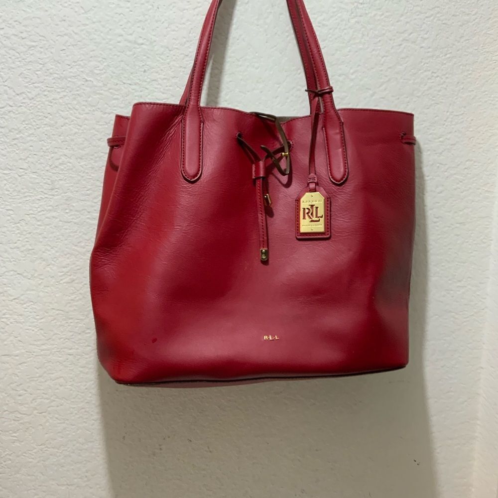 Ralph Lauren Red Leather Tote drawstring open top - Picture 1 of 11